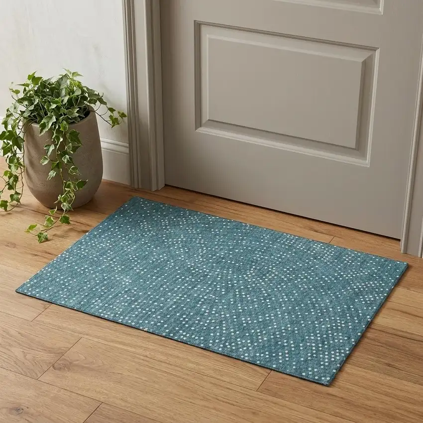 Teal And Ivory Polka Dot Washable Area Rug With UV Protection Photo 1