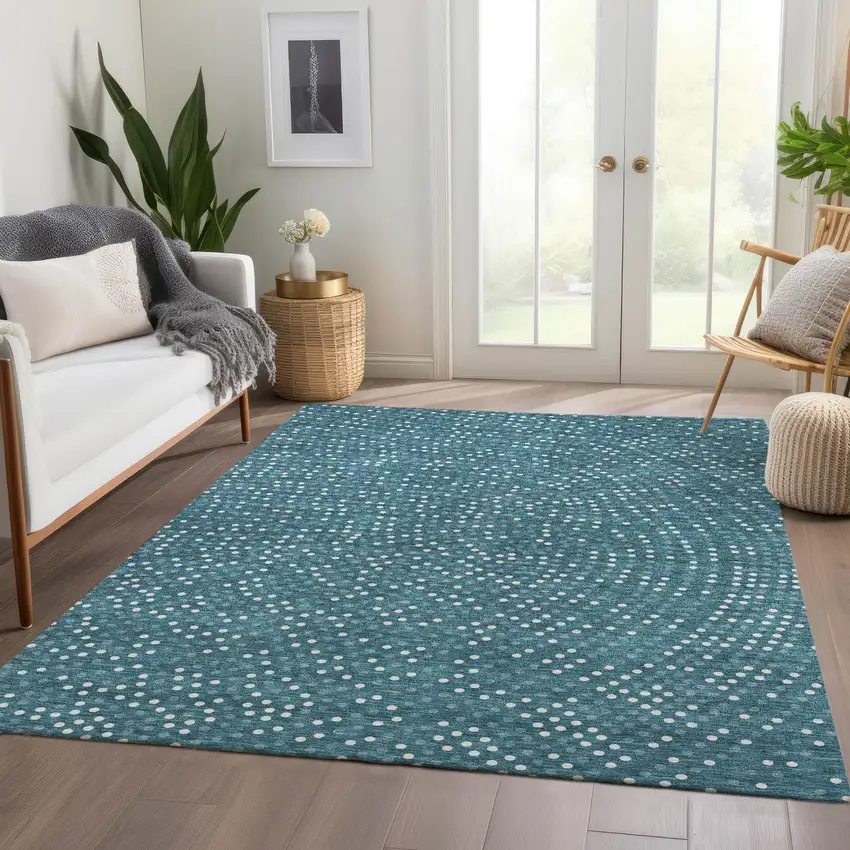 Teal And Ivory Polka Dot Washable Area Rug With UV Protection Photo 5
