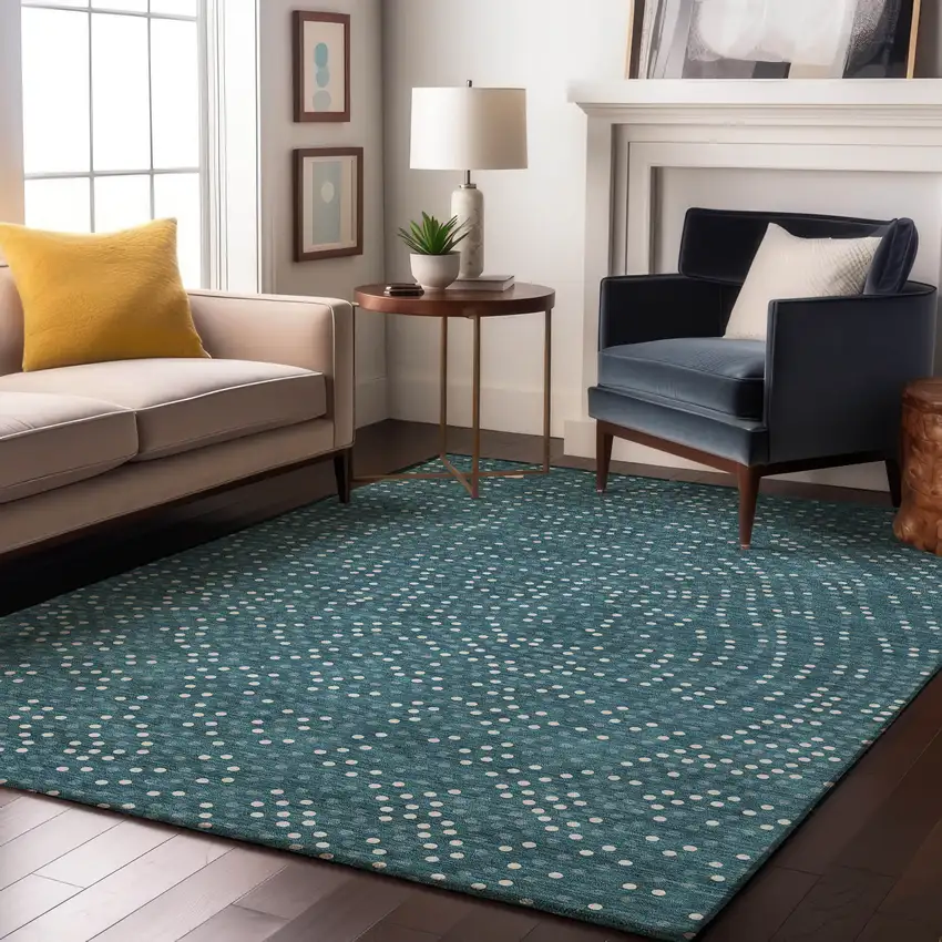 Teal And Ivory Polka Dot Washable Area Rug With UV Protection Photo 5