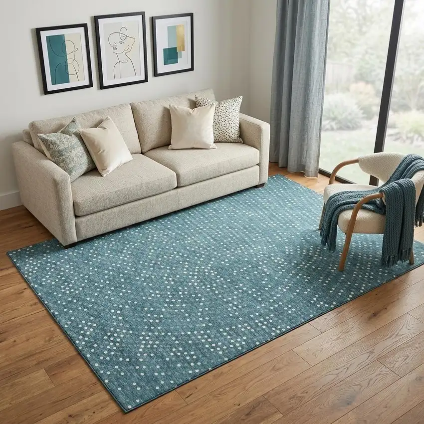 Teal And Ivory Polka Dot Washable Area Rug With UV Protection Photo 1