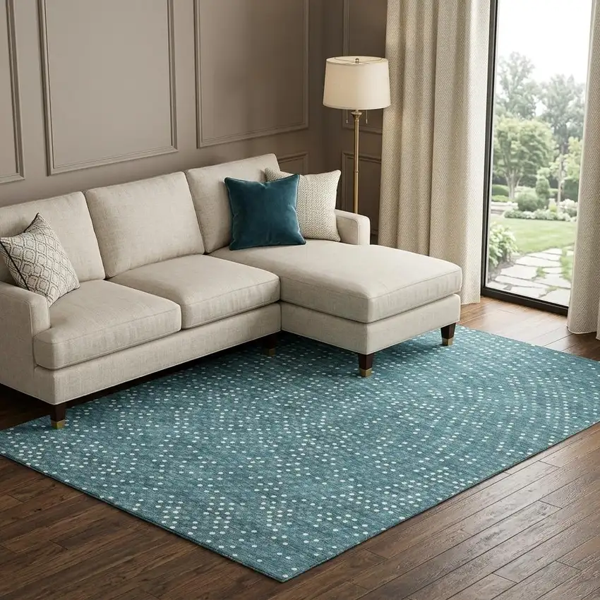 Teal And Ivory Polka Dot Washable Area Rug With UV Protection Photo 1