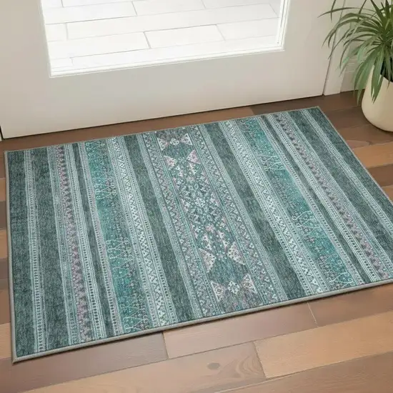 Teal And Ivory Southwestern Washable Area Rug With UV Protection Photo 2