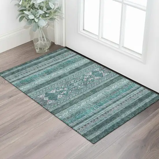 Teal And Ivory Southwestern Washable Area Rug With UV Protection Photo 1