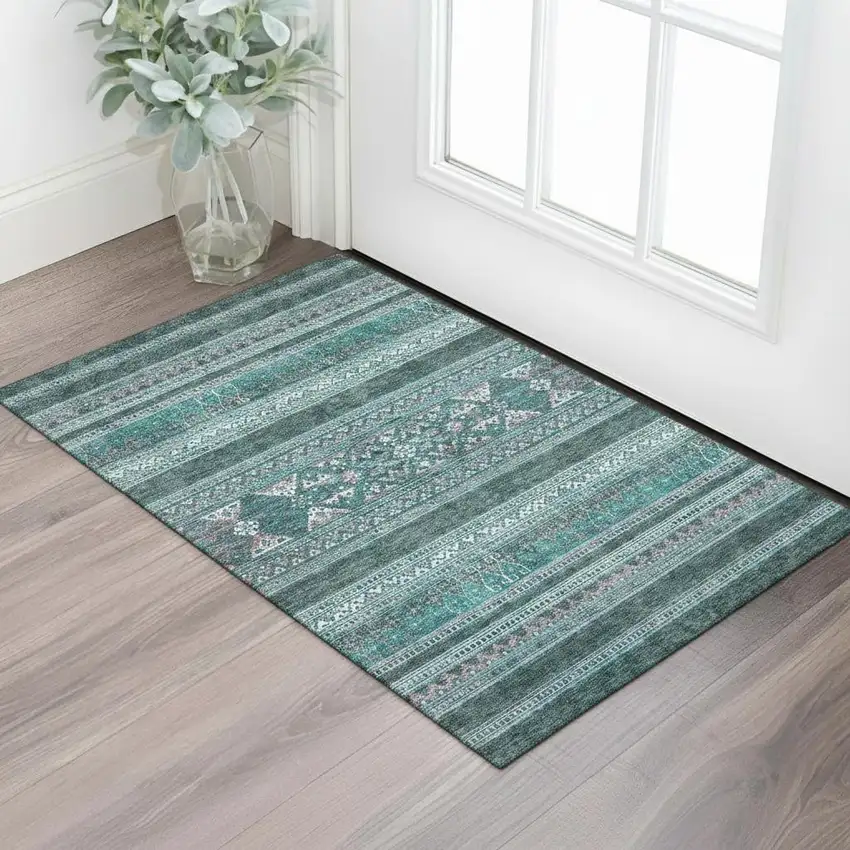 Teal And Ivory Southwestern Washable Area Rug With UV Protection Photo 1