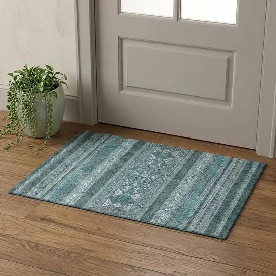 Teal And Ivory Southwestern Washable Area Rug With UV Protection Photo 1