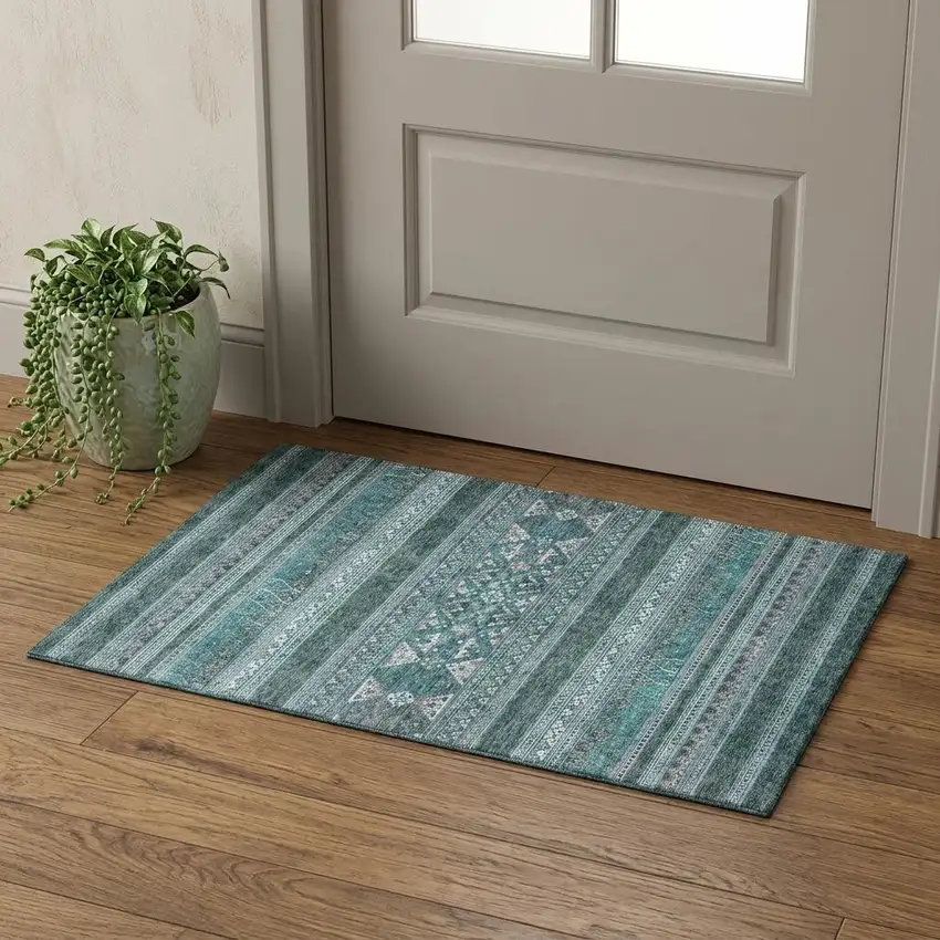 Teal And Ivory Southwestern Washable Area Rug With UV Protection Photo 1