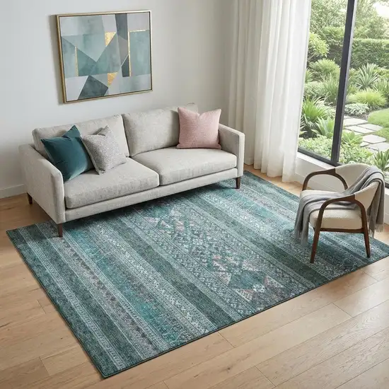 Teal And Ivory Southwestern Washable Area Rug With UV Protection Photo 1