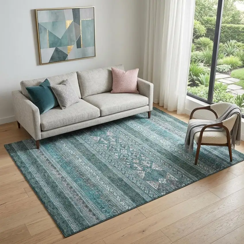 Teal And Ivory Southwestern Washable Area Rug With UV Protection Photo 1
