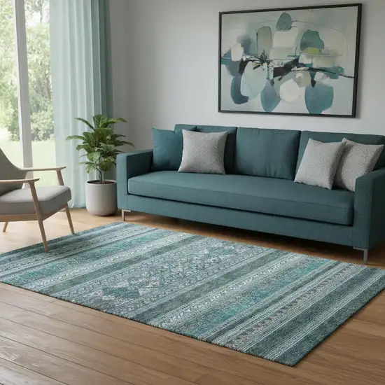 Teal And Ivory Southwestern Washable Area Rug With UV Protection Photo 1