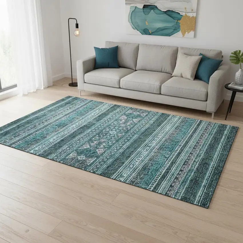Teal And Ivory Southwestern Washable Area Rug With UV Protection Photo 1