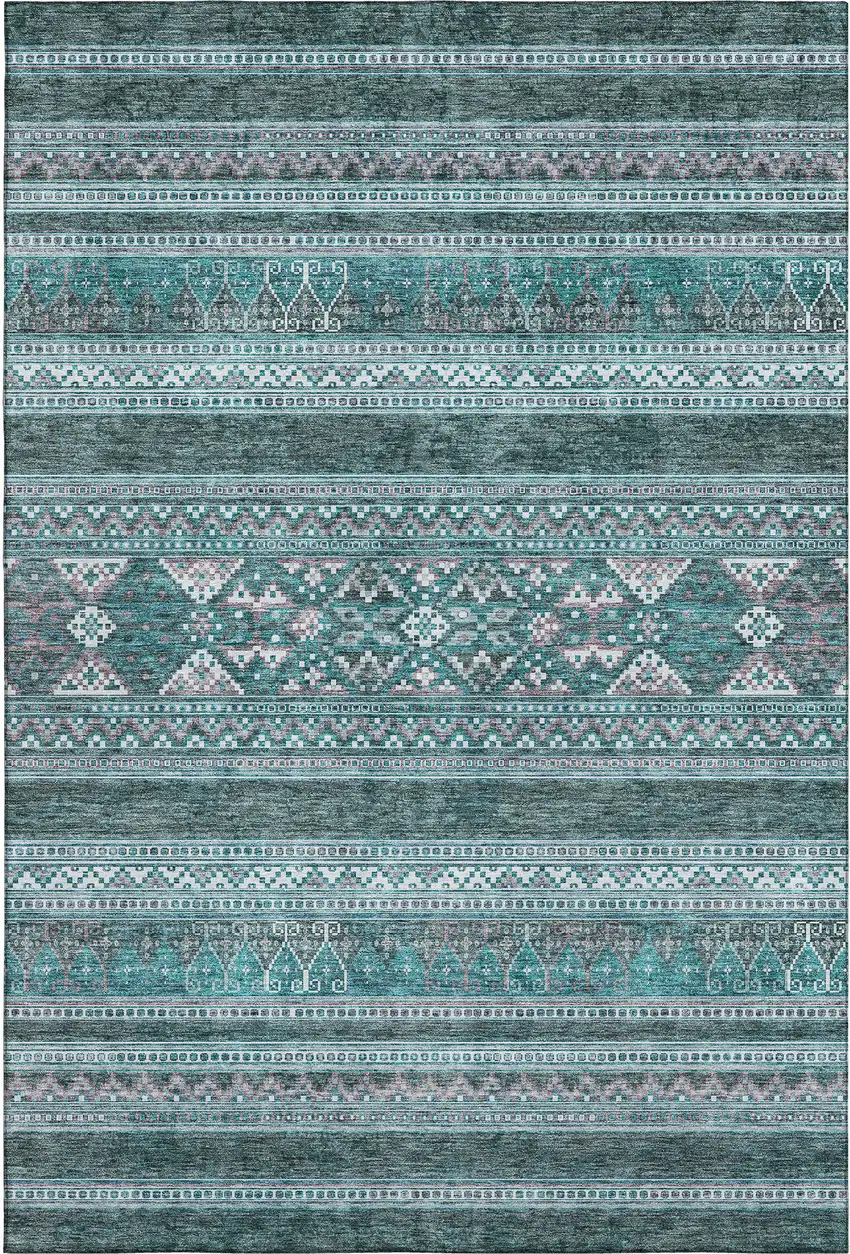 Teal And Ivory Southwestern Washable Area Rug With UV Protection Photo 2