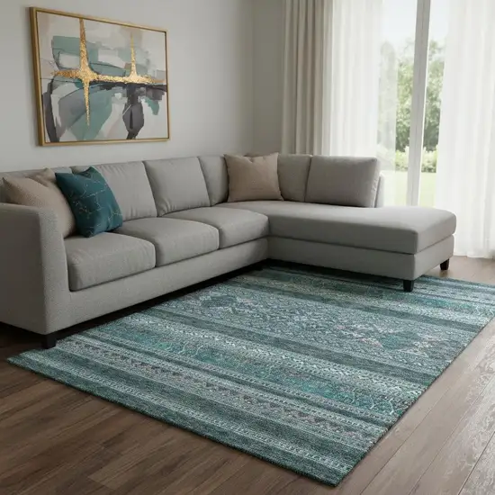 Teal And Ivory Southwestern Washable Area Rug With UV Protection Photo 1