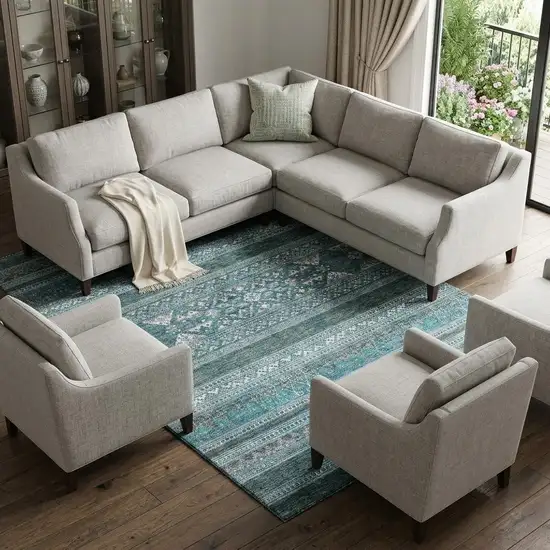 Teal And Ivory Southwestern Washable Area Rug With UV Protection Photo 1