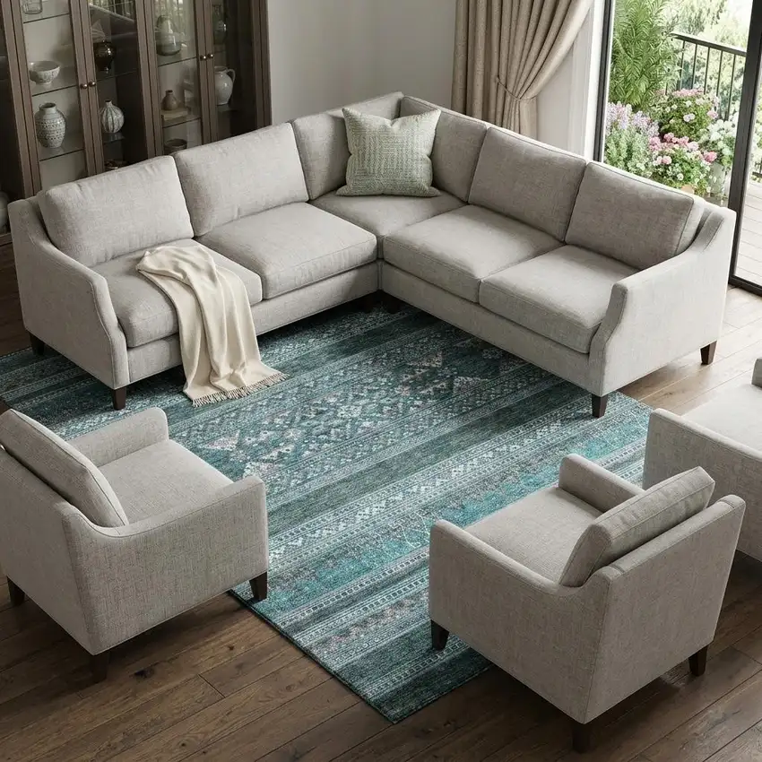 Teal And Ivory Southwestern Washable Area Rug With UV Protection Photo 1
