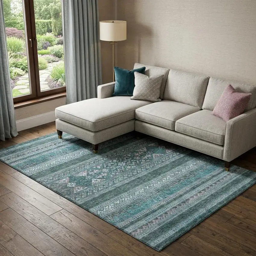 Teal And Ivory Southwestern Washable Area Rug With UV Protection Photo 1