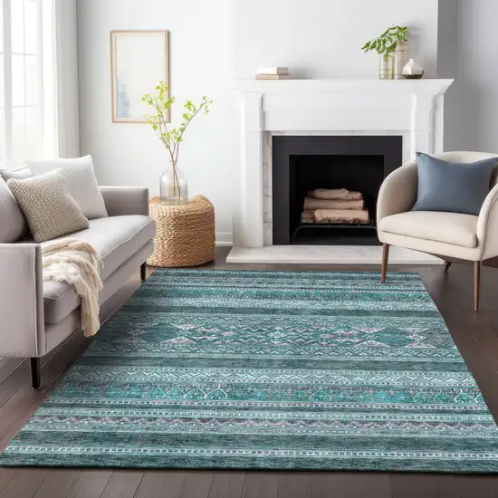 Teal And Ivory Southwestern Washable Area Rug With UV Protection Photo 5
