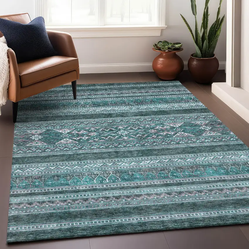 Teal And Ivory Southwestern Washable Area Rug With UV Protection Photo 4