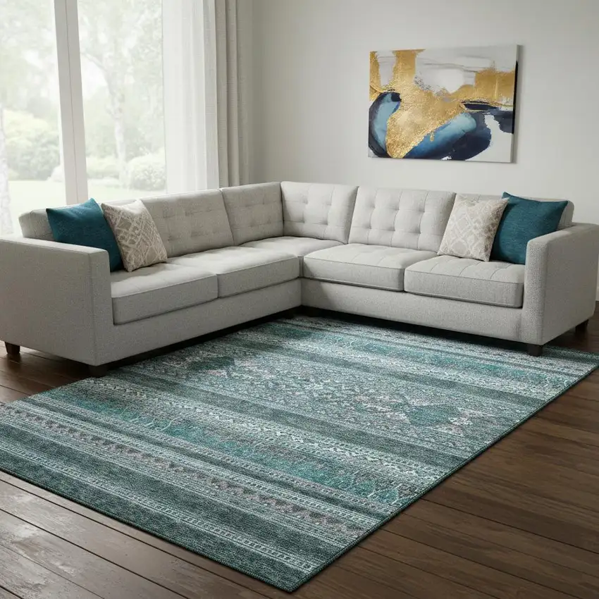 Teal And Ivory Southwestern Washable Area Rug With UV Protection Photo 1