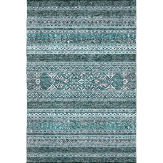 Teal And Ivory Southwestern Washable Area Rug With UV Protection Photo 2