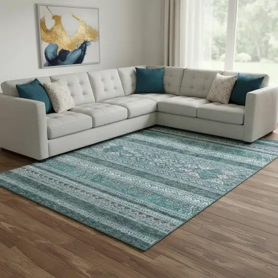 Teal And Ivory Southwestern Washable Area Rug With UV Protection Photo 1