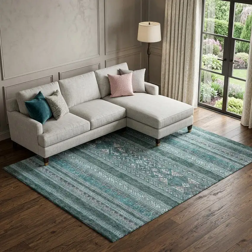 Teal And Ivory Southwestern Washable Area Rug With UV Protection Photo 1