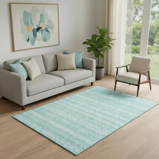 Teal And Ivory Southwestern Washable Area Rug With UV Protection Photo 1