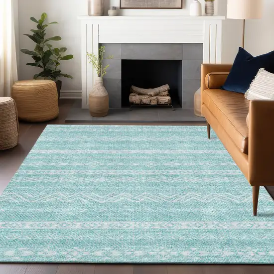 Teal And Ivory Southwestern Washable Area Rug With UV Protection Photo 5