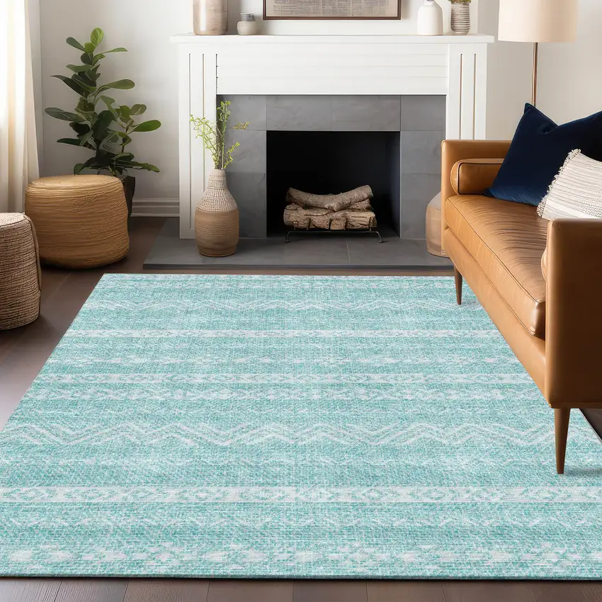 Teal And Ivory Southwestern Washable Area Rug With UV Protection Photo 5