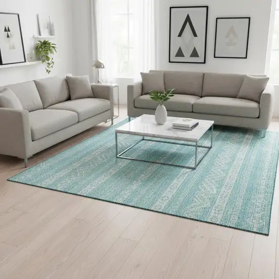 Teal And Ivory Southwestern Washable Area Rug With UV Protection Photo 2