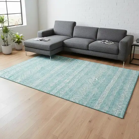 Teal And Ivory Southwestern Washable Area Rug With UV Protection Photo 2