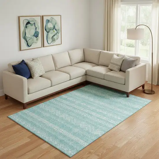 Teal And Ivory Southwestern Washable Area Rug With UV Protection Photo 1