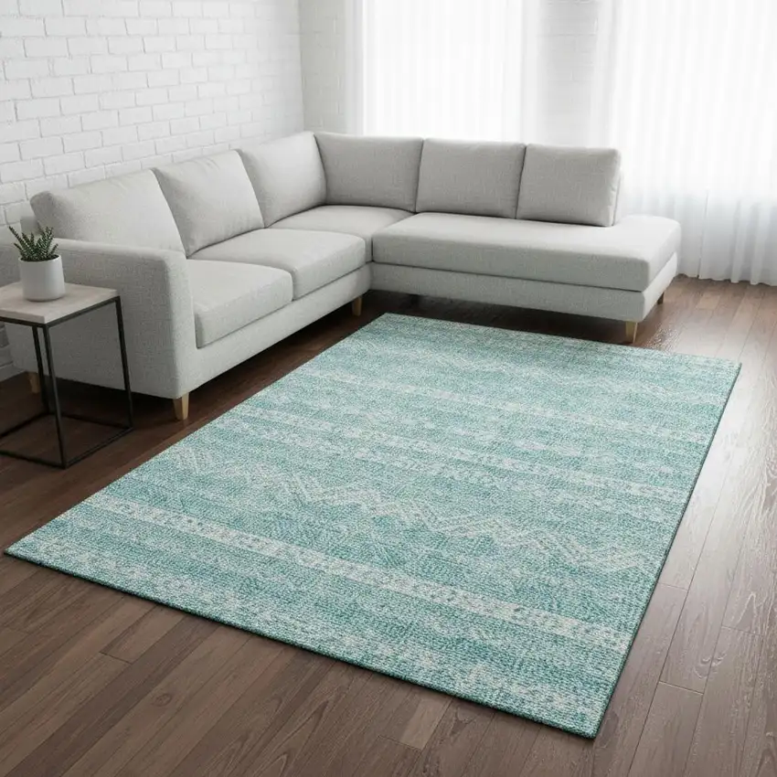 Teal And Ivory Southwestern Washable Area Rug With UV Protection Photo 2