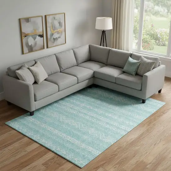 Teal And Ivory Southwestern Washable Area Rug With UV Protection Photo 1