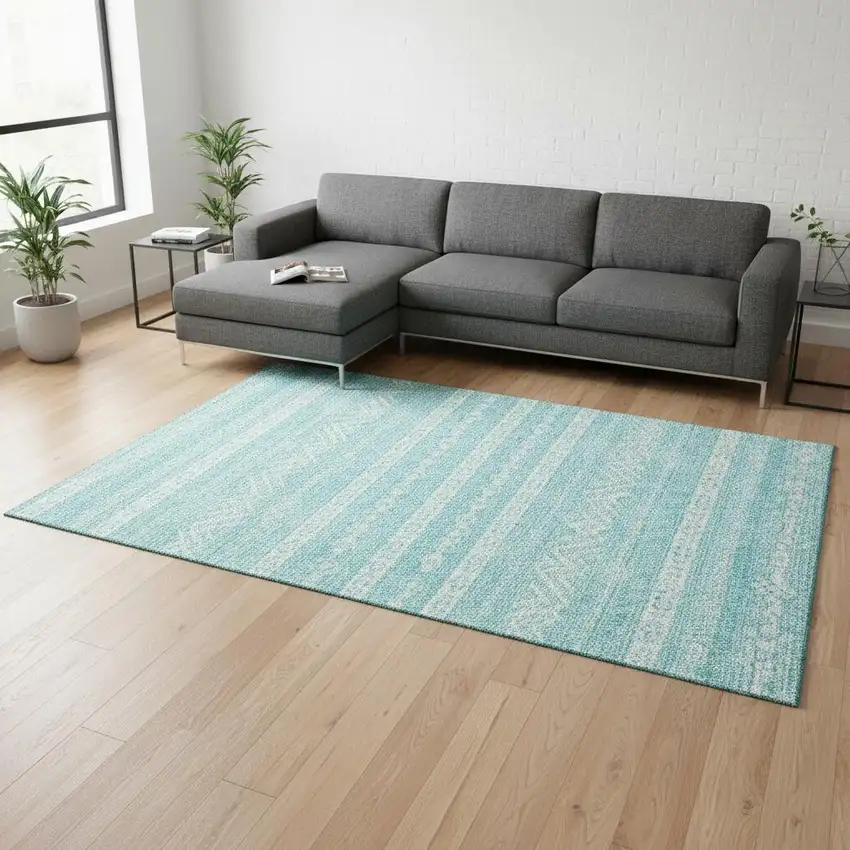 Teal And Ivory Southwestern Washable Area Rug With UV Protection Photo 2