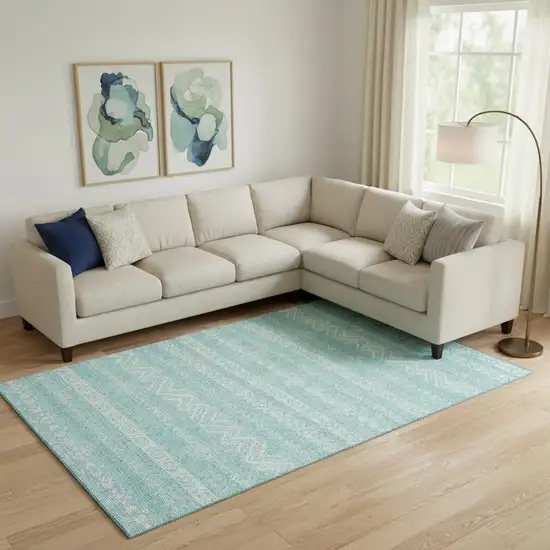 Teal And Ivory Southwestern Washable Area Rug With UV Protection Photo 1