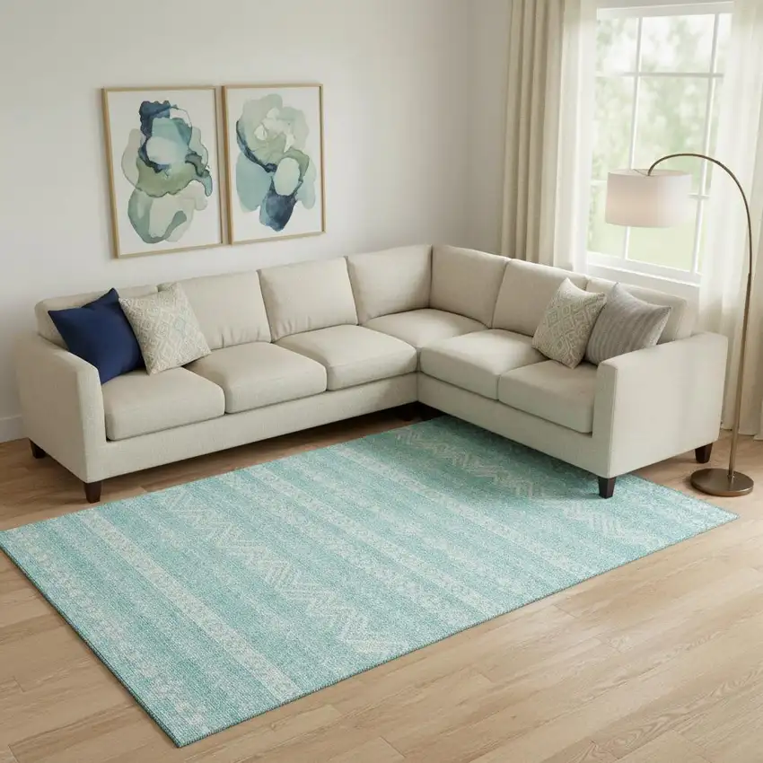 Teal And Ivory Southwestern Washable Area Rug With UV Protection Photo 1