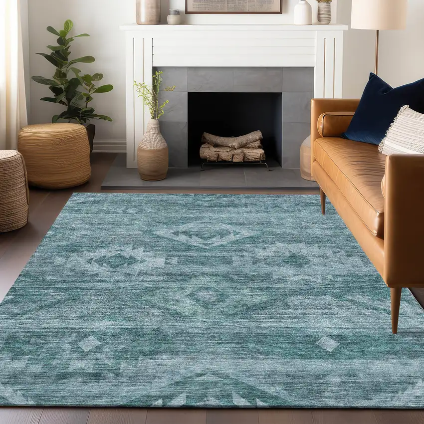 Teal And Ivory Southwestern Washable Area Rug With UV Protection Photo 6