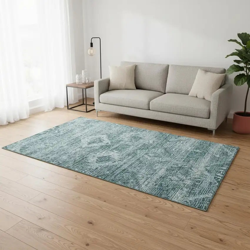 Teal And Ivory Southwestern Washable Area Rug With UV Protection Photo 2