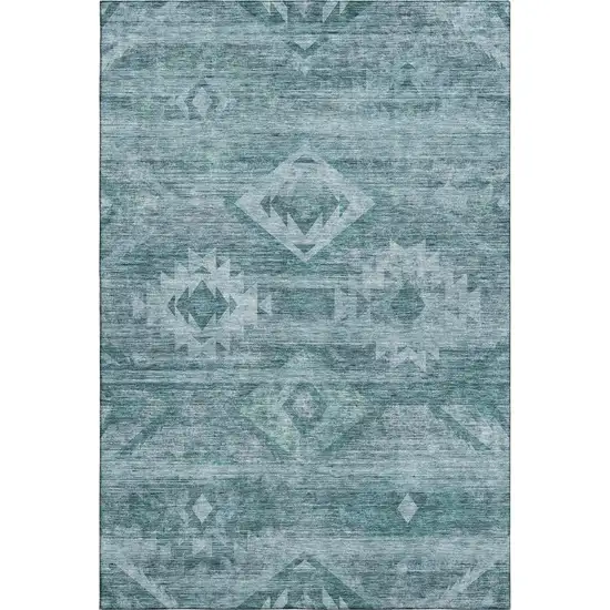 Teal And Ivory Southwestern Washable Area Rug With UV Protection Photo 1