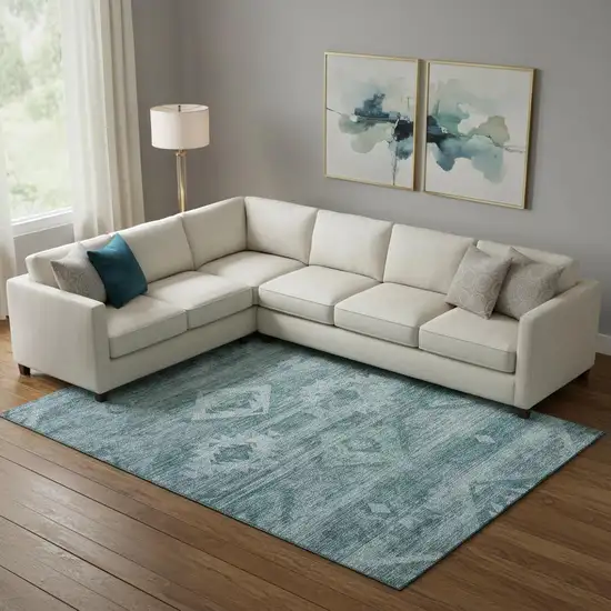 Teal And Ivory Southwestern Washable Area Rug With UV Protection Photo 1
