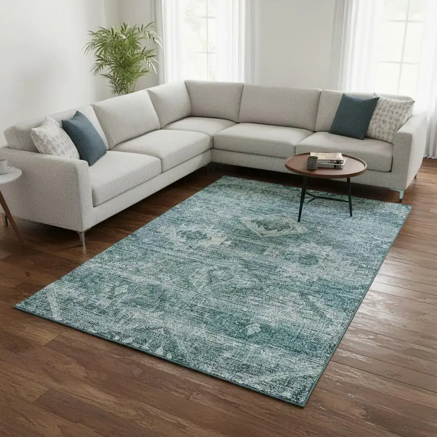 Teal And Ivory Southwestern Washable Area Rug With UV Protection Photo 2