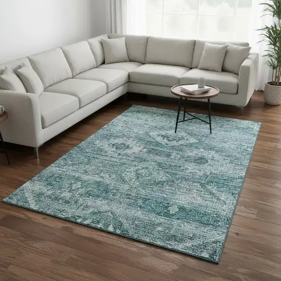 Teal And Ivory Southwestern Washable Area Rug With UV Protection Photo 2