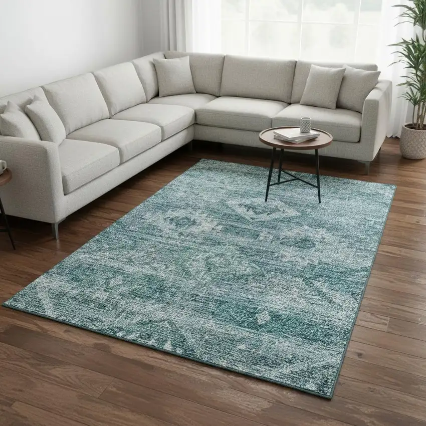 Teal And Ivory Southwestern Washable Area Rug With UV Protection Photo 2