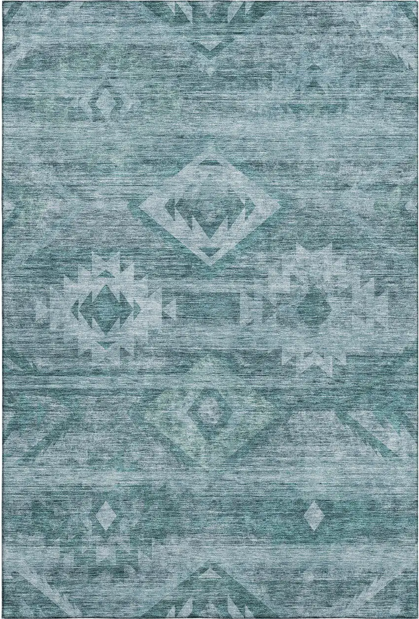 Teal And Ivory Southwestern Washable Area Rug With UV Protection Photo 1