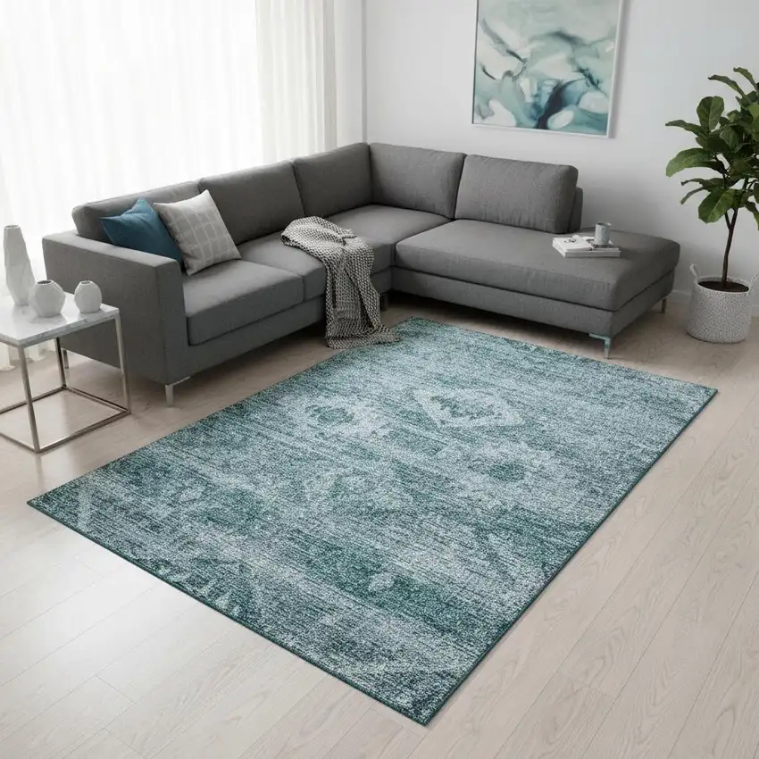 Teal And Ivory Southwestern Washable Area Rug With UV Protection Photo 2