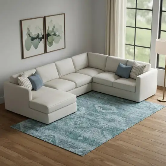 Teal And Ivory Southwestern Washable Area Rug With UV Protection Photo 1