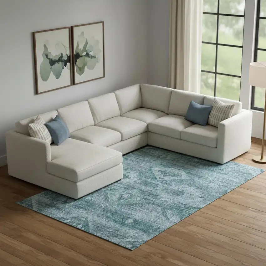 Teal And Ivory Southwestern Washable Area Rug With UV Protection Photo 1