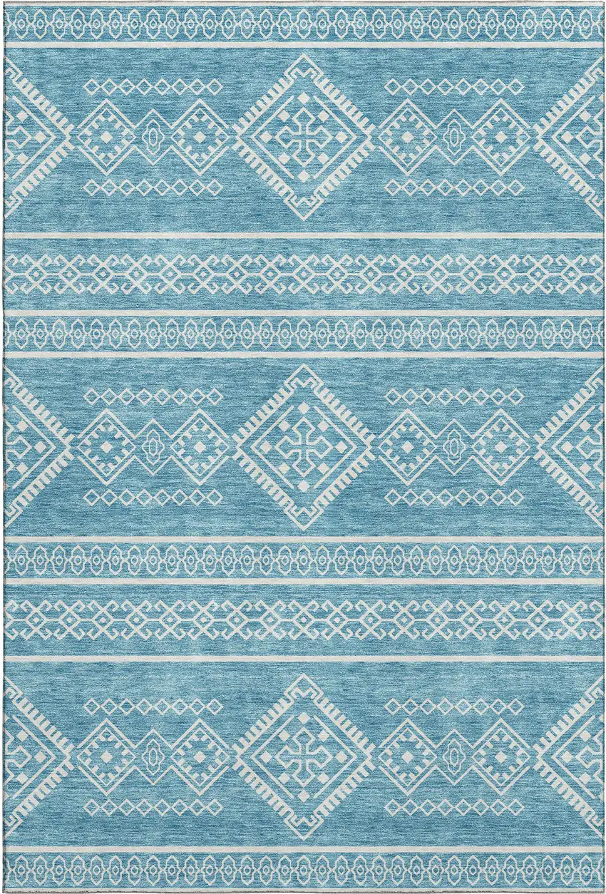 Teal And Ivory Southwestern Washable Area Rug With UV Protection Photo 1