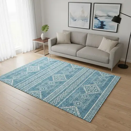 Teal And Ivory Southwestern Washable Area Rug With UV Protection Photo 2