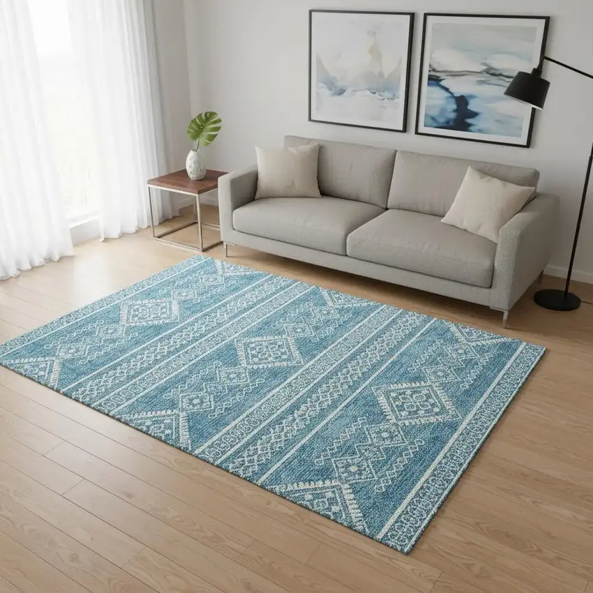 Teal And Ivory Southwestern Washable Area Rug With UV Protection Photo 2